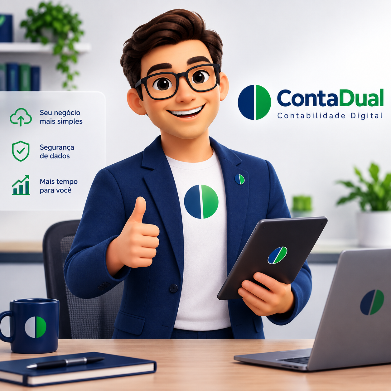 Mascote ContaDual sorrindo, usando óculos e blazer azul, segurando um tablet no escritório
